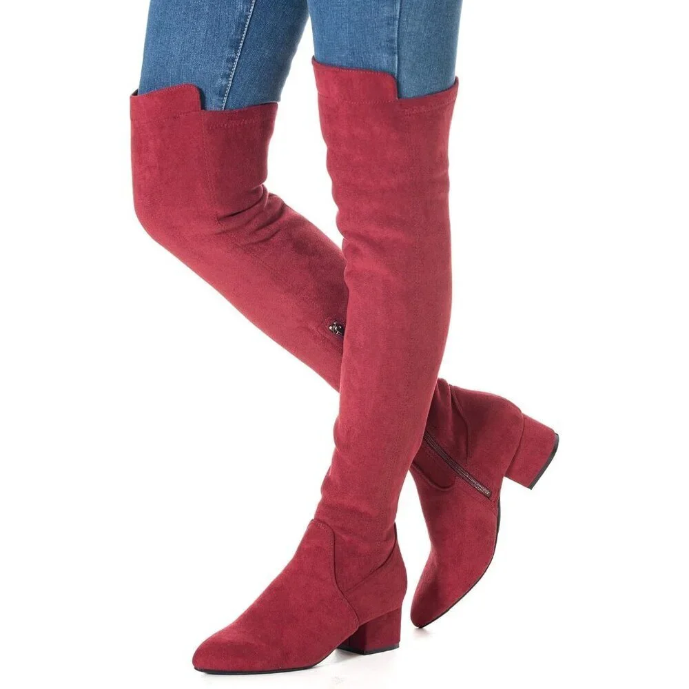 Women Red/2 Inch Heel Faux Suede Over The Knee Thigh High Low Block Heel Boot